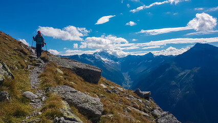 Hiker woman on alpine meadow with panoramic view of majestic mount Hochalmspitze in High Tauern...