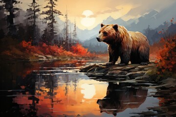 a brown bear is standing on a rock near a river at sunset - obrazy, fototapety, plakaty
