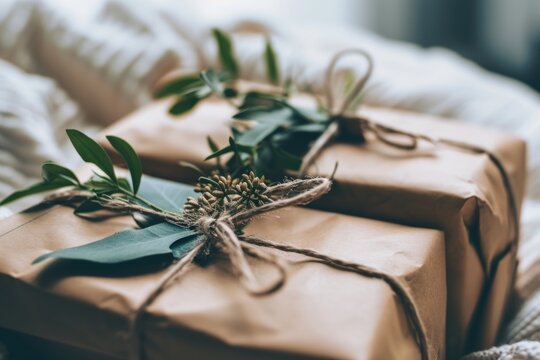 Eco-friendly green package eco-aware sustainable reusable gift wrap recycled paper material ecology cardboard box craft handmade item local organic shop art responsible biodegradable parcel concept