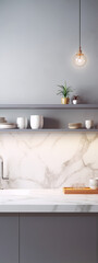 Marble countertop, gray cabinets, and white shelves with dishes and plants.