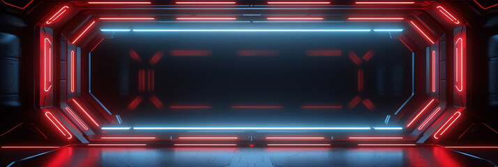 Futuristic spaceship interior with red and blue glowing lights - obrazy, fototapety, plakaty