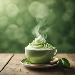 Matcha tea latte in a cup. Cup of matcha green tea latte with accessories. Matcha is a powder of green tea leaves packed with antioxidants. AI generated
