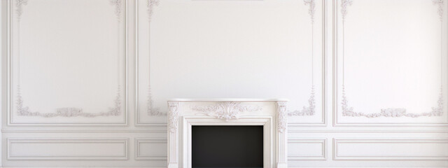 White fireplace in the center of a white paneled wall