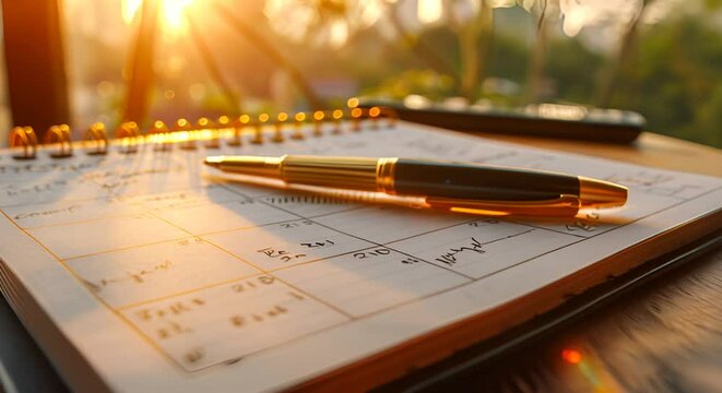 Calendar and pen on wooden table with morning light, business planning concept