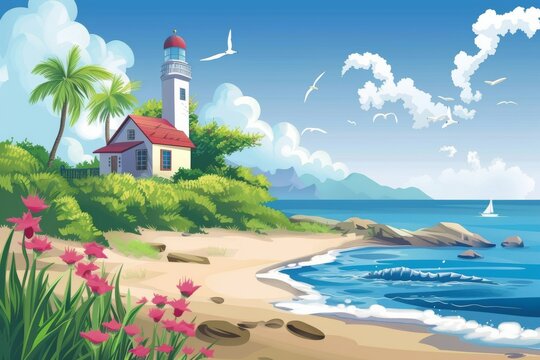 The vibrant colors of the sky, water, and surrounding plants create a picturesque backdrop for the stoic lighthouse standing tall on the sandy beach, beckoning ships to safety in the vast and serene 