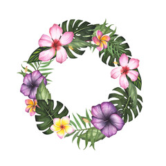 Wreath frame tropic leaf Monstera and flowers hibiscus, plumeria, palm watercolor isolated on white background. Watercolor hand drawn botanical illustration. Art design for packaging, template, poster