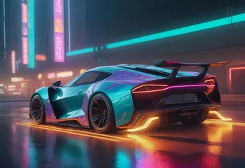 Rolgordijnen Tuned Sport Car , cyberpunk Retro Sports Car On Neon Highway. Powerful acceleration of a supercar on a night track with colorful lights and trails © Алексей Ковалев