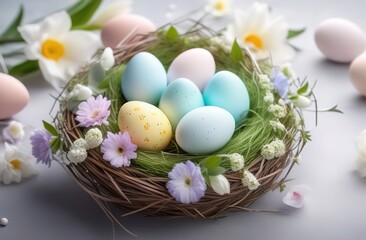 Obraz na płótnie Canvas easter eggs in a nest with flowers