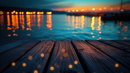 empty brown wood board or wooden floor waterfront with blurred abstract night light bokeh at river in city background, advertising agency, copy space for display of product or object presentation - obrazy, fototapety, plakaty