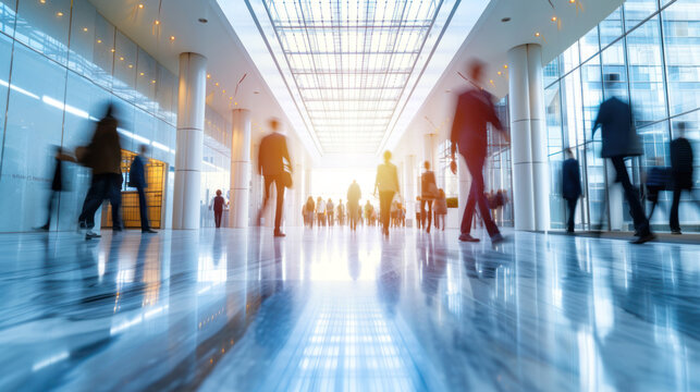 abstract motion blur image of business people crowd walking at corporate office building in city downtown, goal, travel, airport passenger building, blurred background, business center concept