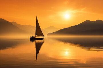 Fisherman sailing small boat across serene lake at dawn. Generative AI - Powered by Adobe