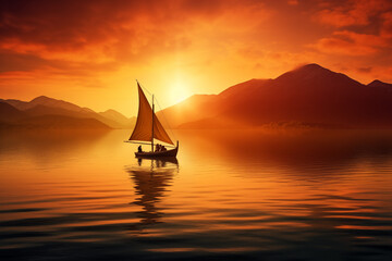 Small boat sailing across serene lake at dawn. Generative AI - 738759363