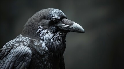 Close-Up Portrait of a Majestic Raven with Glossy Feathers Against a Dark Background