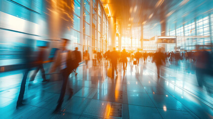 Goal. abstract motion blur image of business people crowd walking at corporate office building in city downtown, airport passenger building, blurred background, business center concept