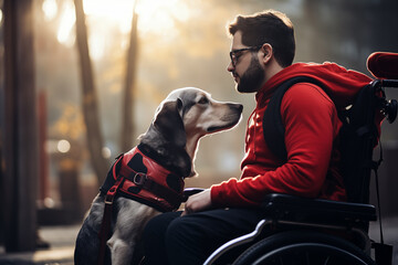 Man sitting in wheelchair with assist dog. Generative AI - obrazy, fototapety, plakaty