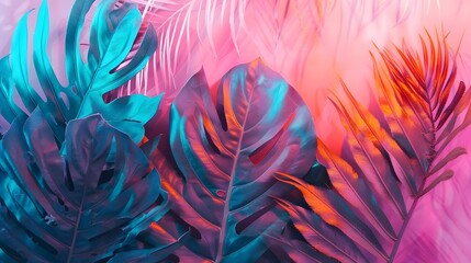 Tropical and palm leaves in vibrant bold gradient holographic colors. Concept art. Minimal surrealism.