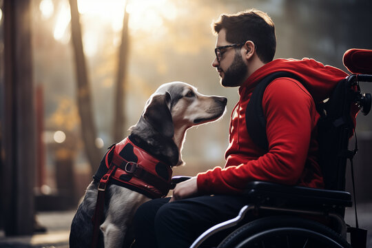 Man sitting in wheelchair with assist dog. Generative AI