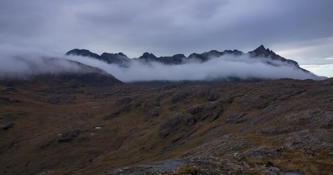 Timelapse shot of Sgurr nan Gillean and parts of the Cuillin Ridge, Cuillin Mountains, Isle of Skye, Scotland.

