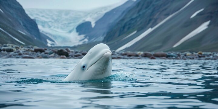 Beluga whale in the water on the seashore , concept of Marine mammal