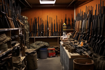Naklejka premium Weapon assortment on rack at store warehouse. Generative AI
