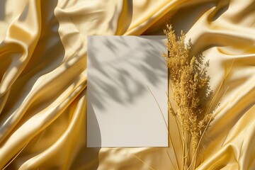 a white sheet of paper and a bunch of dry flowers on a gold cloth