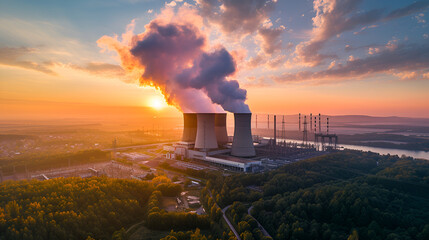 Aerial View of a Nuclear Plant with Smoking Chimneys, Industrial Landscape with Pollution Emission, Environmental Concerns Concept, Generative AI

