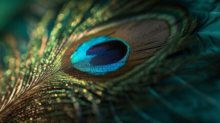 Fototapeta premium Close-Up View of Vibrant and Colorful Peacock Feather, Showcasing Detailed Texture and Iridescent Colors