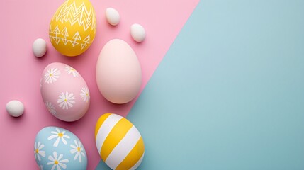 a group of eggs on a pink and blue background