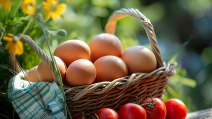 A vibrant picnic basket filled with a rainbow of natural produce, including bush tomatoes, juicy oranges, and nutrient-packed eggs, perfect for a nourishing and colorful outdoor meal