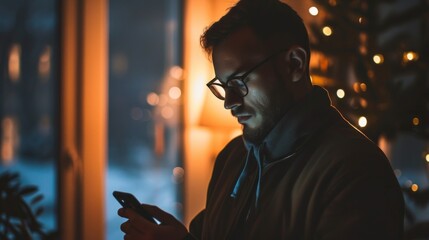 A solitary figure illuminated by the glow of his cellphone in the dark of night, engrossed in a digital world while the city lights twinkle around him