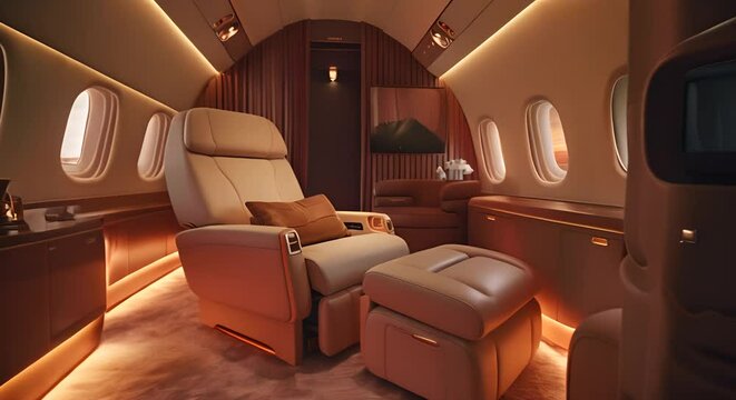 Interior of a private jet with leather seats and armrests