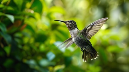 Fototapeta premium Graceful Hummingbird in Flight, Captured Amidst Lush Green Foliage, Showcasing Its Iridescent Feathers and Rapid Wing Movement