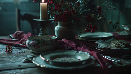 an table with several dishes a candle flowers and a n