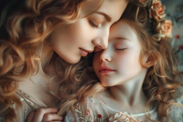 A mother tenderly kisses her daughter's cheek, their brown hair and delicate features entwined in a portrait of love and affection - obrazy, fototapety, plakaty