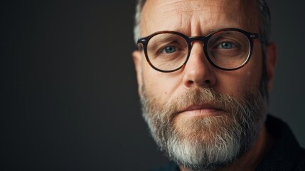 A mature man with glasses and a well-groomed beard gazes thoughtfully at the camera, his distinguished facial features highlighted by the warm indoor lighting and the textured wall behind him