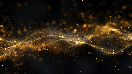 Fototapeta na wymiar Golden Abstract Pattern on Black Background with Waves and Glitter - Luxurious Elegance and Glamorous Sparkle in Contrast