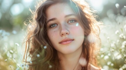 A striking portrait of a girl with long, flowing hair and delicate freckles, captured in a beautiful outdoor photo shoot that highlights her natural beauty and showcases the intricate details of her 