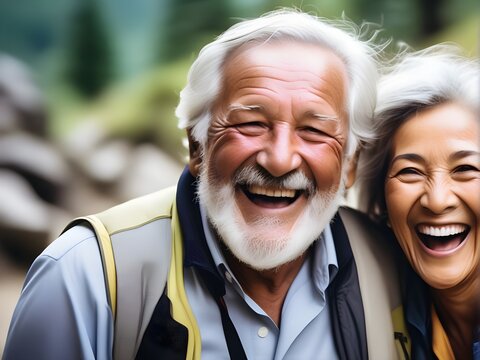 An elderly couple laughing happily while hiking. generative ai