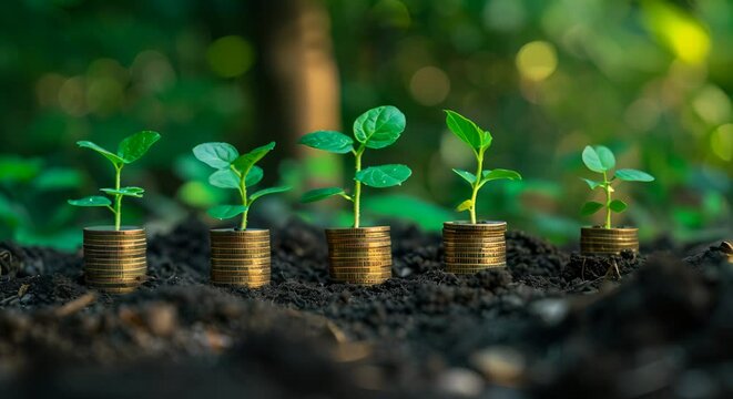 A series of coins planted in rich soil, each with a tiny sprout emerging, leading to a large, flourishing tree in the background. This progression represents the journey of investing.