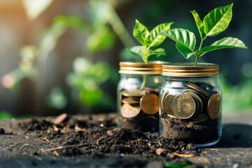 A beautiful outdoor scene, with mason jars filled with coins and thriving plants growing in the ground, showcasing the perfect combination of nature and man-made canning, creating a stunning display 
