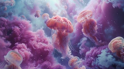 Interstellar scene with extraterrestrial lifeforms quantum fields nebula backdrop and cosmic jellyfish floating amid galactic wonders - obrazy, fototapety, plakaty