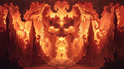 Mythical gates of Hell a paper cut design with fiery depths and demonic figures an artistic marvel - obrazy, fototapety, plakaty