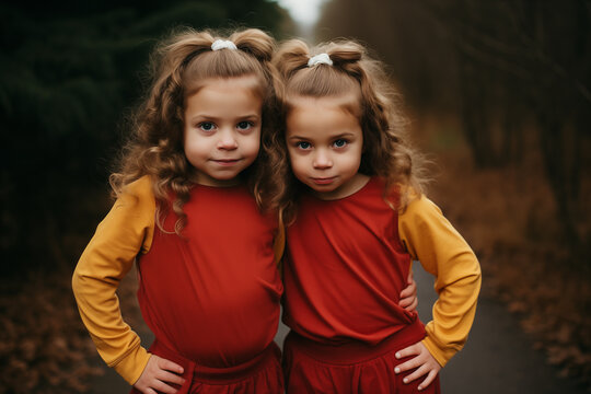 Happy preschool twins wearing matching outfits. Generative AI