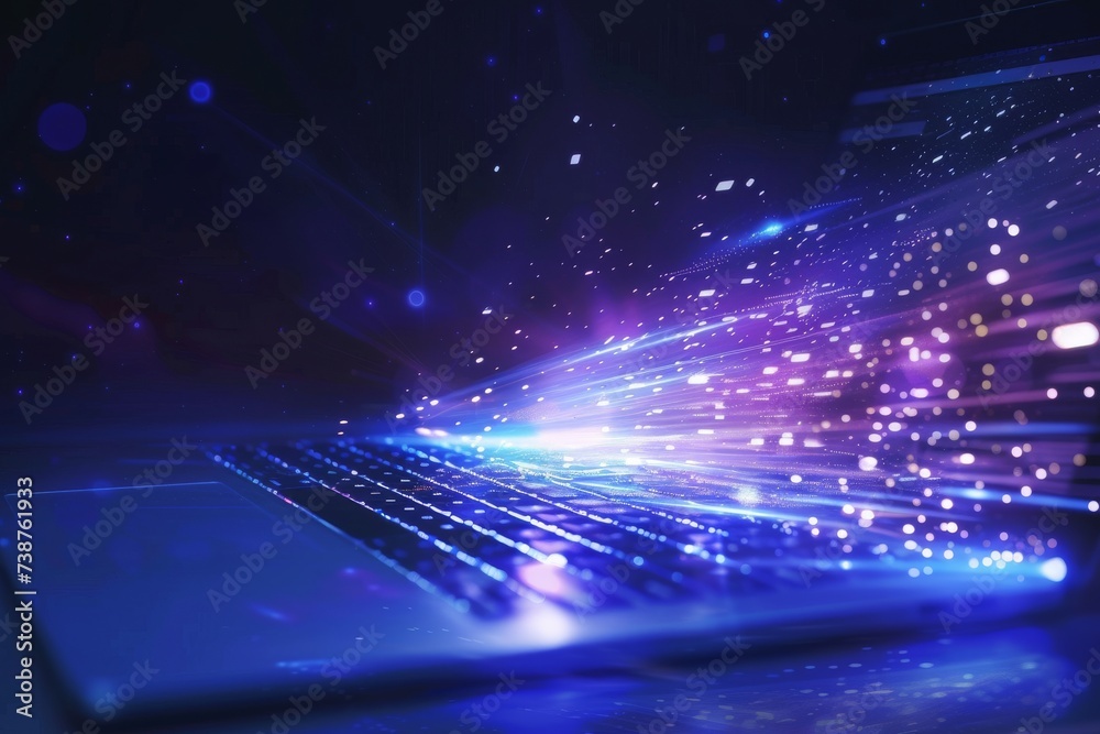 Poster a glowing keyboard illuminates the dimly lit room with its laser-like lights, beckoning to be used d