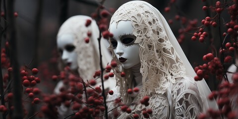 two white fantasy figures, mannequins wearing white lace headscarf cape standing in the forest holding branches with red berries. 