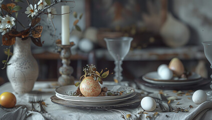 autumn table setting with eggs and fruit in the style