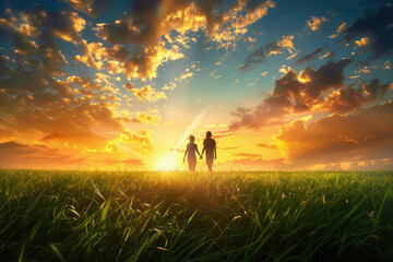 Couple holding hands in a green field at sunset