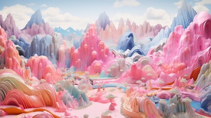 3d illustration of a fantasy landscape in pink and blue colors.