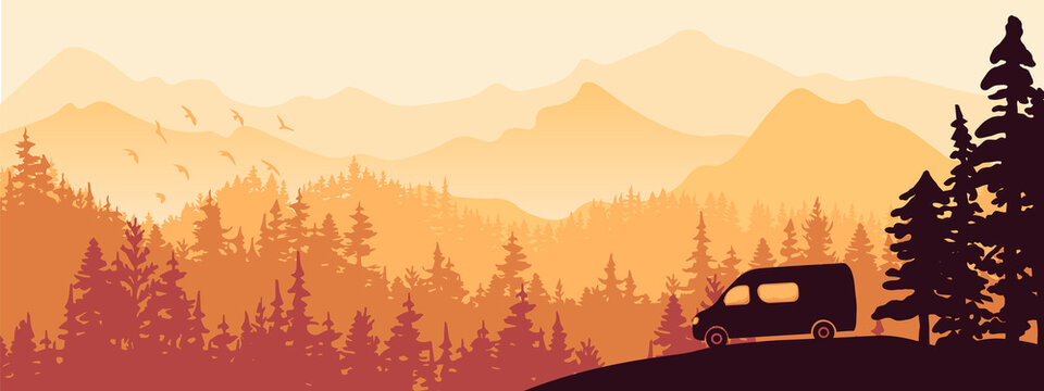 Horizontal banner. Van life. Camper van on meadow in forest. Silhouette of trees, mountains. Magical misty landscape, fog. Orange, brown illustration. 
