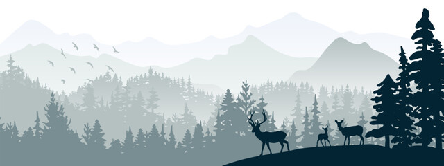 Horizontal banner. Silhouette of deer, doe, fawn standing on hill, forest and mountains in background. Magical misty landscape, fog. Gray illustration. Background.